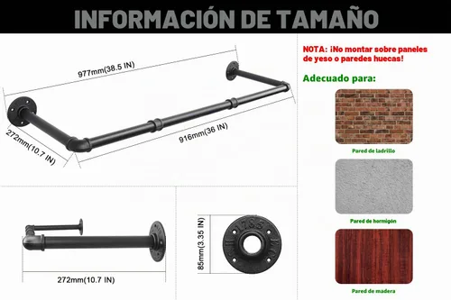 Vista 2 de Livabber Perchero Industrial de Tubería para Ropa, Perchero de Hierro Resistente Desmontable Montado en Pared, Barra de Ropa Rústica que Ahorra