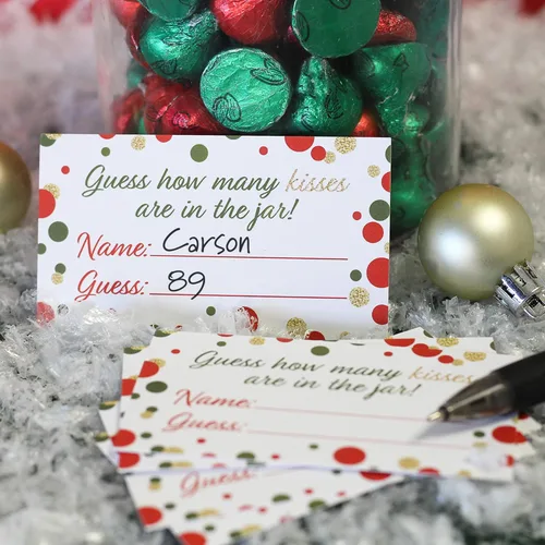 Vista 5 de Juego de fiesta de Navidad - Cuántos besos - Cartel de pie y 30 tarjetas