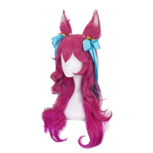 Vista 3 de AniLnc Spirit Blossom Ahri Cosplay peluca LoL Cosplay larga degradado rosa peluca con orejas resistente al calor pelo sintético
