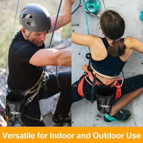 Vista 2 de supregear Bolsa de tiza para escalada en roca, bolsillo grande con cremallera con soporte para cepillo, cierre de cordón y clip de mosquetón, ideal
