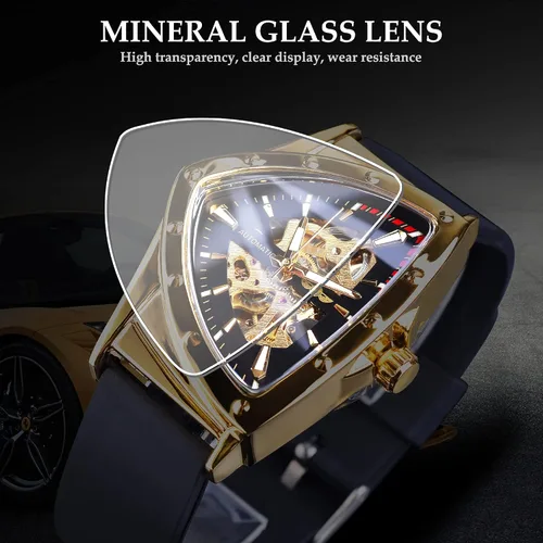 Vista 8 de FORSINING Reloj mecánico automático triangular Gold Shield, esfera de gran tamaño, diseño de esfera totalmente hueca, movimiento automático, correa
