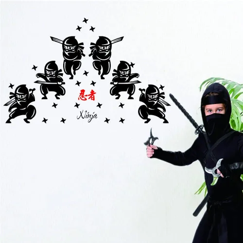 Vista 4 de Calcomanías de pared de ninja y samurái, siluetas de guerrero japonés con espadas, calcomanías de PVC extraíbles para habitación de niños, sala