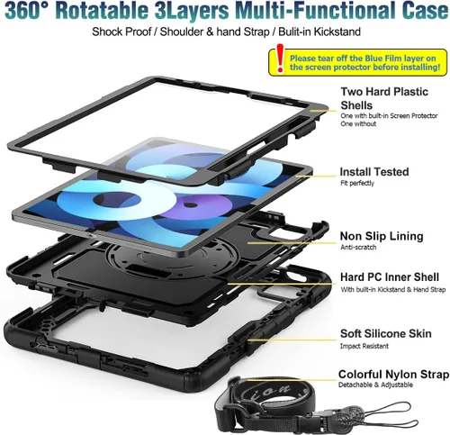 Vista 7 de SEYMAC stock Funda para iPad Air 5ª/4ª Generación/Pro 11 (4ª/3ª/2ª) con Protector de Pantalla Soporte para Bolígrafo, Correa de Mano Giratoria