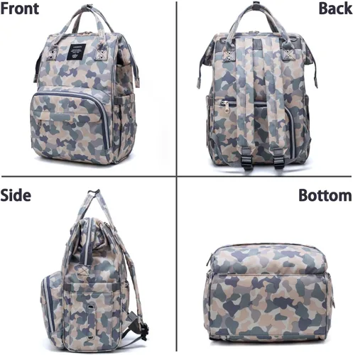 Vista 6 de Mochila de pañales con estampado de vaca con cochecito para mujer, bolsa de pañales de viaje impermeable para el cuidado del bebé, Camo, Moderno