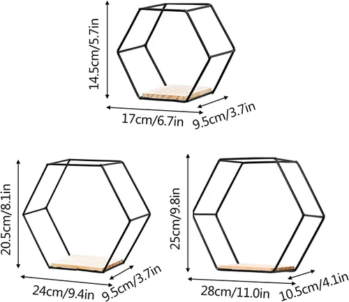 Vista 2 de Juego de 3 estantes flotantes hexagonales montados en la pared, modernos estantes de metal para colgar en la pared, estantes rústicos de baño