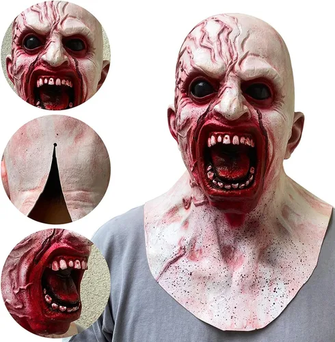 Vista 2 de Bagmrteho Máscara de Halloween para hombre cicatriz, máscara de zombi aterrador, disfraz de cosplay, accesorios de fiesta para adultos