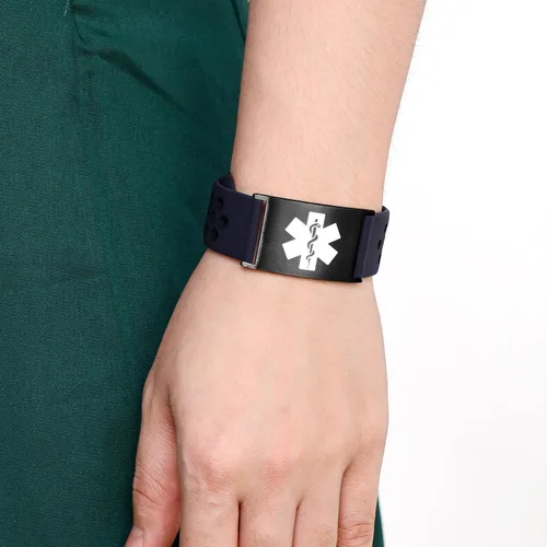Vista 6 de Pulsera de alerta médica personalizada para mujeres y hombres, pulseras de identificación médica deportiva de silicona con grabado gratuito, pulsera