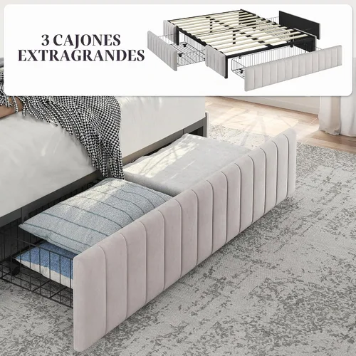 Vista 8 de Yaheetech Bastidor de cama completo con plataforma tapizada con 3 cajones de almacenamiento, gran espacio de almacenamiento/Listones de madera