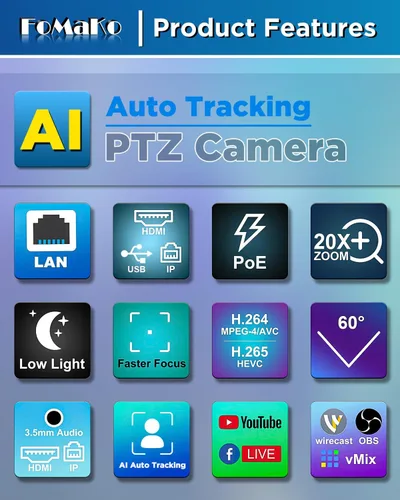 Vista 8 de FoMaKo Cámara PTZ HDMI, Seguimiento Automático AI Gen 3, Zoom Óptico 20x, Colores Fieles a la Vida, PoE, Cámara PTZ HDMI para Servicios de Iglesia
