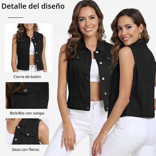 Vista 4 de Xeoxarel Chaleco de mezclilla para mujer, chaqueta vaquera sin mangas (XS-XXL)