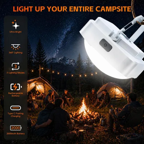 Vista 4 de Paquete de 2 linternas LED recargables para campamento: luz de tienda de campaña con batería de 2000 mAh con imán, linterna impermeable esencial