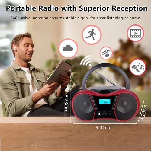 Vista 7 de Boombox Reproductor de CD Portátil, Reproductores de CD Portátiles para el Hogar, Reproductor de CD de Radio Estéreo con AUX/USB/FM/Bluetooth