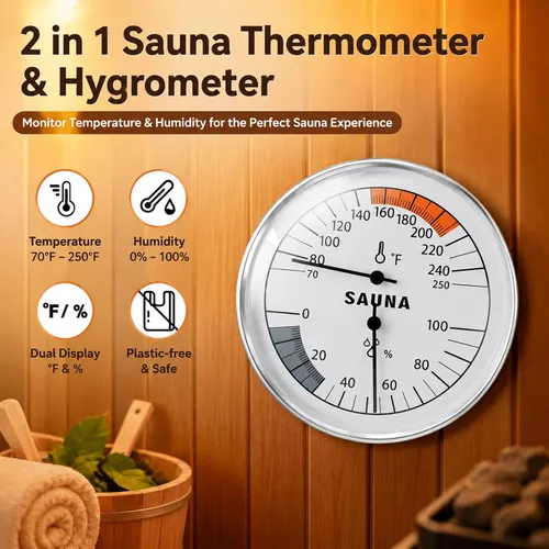 Vista 6 de Termómetro higrómetro 2 en 1, medidor mecánico de temperatura Fahrenheit Monitor sauna temperature and humidity with a durable mechanical gauge