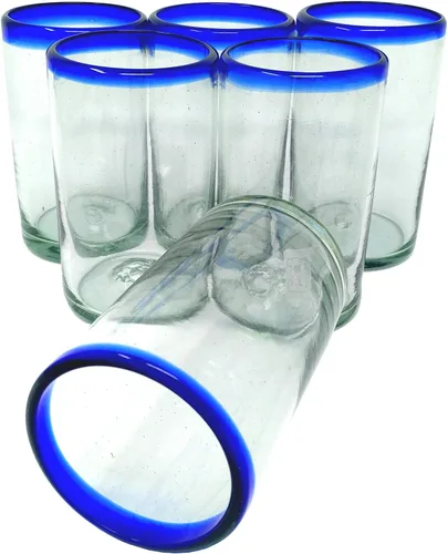 Vista 5 de Dos Sueños Vasos mexicanos soplados a mano, juego de 6 vasos con bordes azul cobalto (14 onzas cada uno)