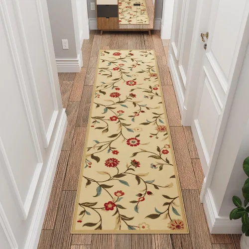 Vista 45 de Ottomanson, colección OttoHome, tapete para corredor con diseño azul claro y damasco (antiderrapante), parte trasera de goma Floral Beige