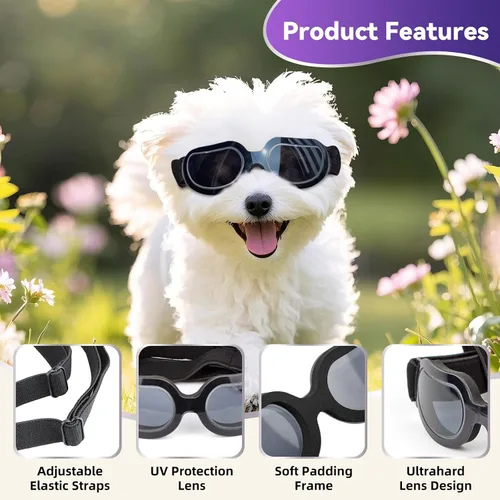 Vista 4 de ENJOYING Lentes de sol para perros de razas pequeñas, antirayos UV para perros pequeños, resistentes al viento, protección ocular de perro