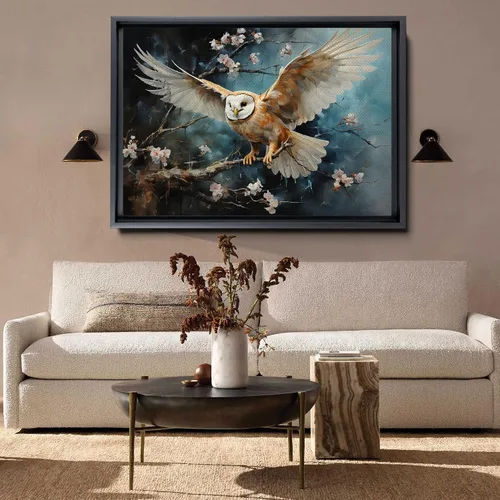 Vista 2 de Flying owl with trees, leaves, forest double exposure, nature animal, owl illusion art, wrapped framed canvas print, office wall art