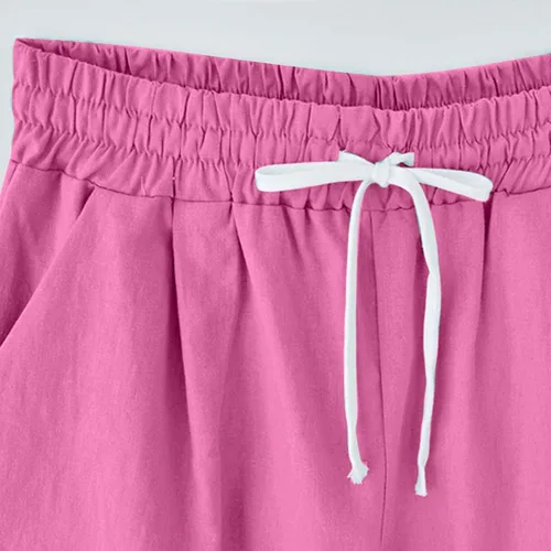 Vista 4 de DASAYO Summer 2023 New Women Casual Drawstring Bermuda Shorts Vacation Trendy Solid Color Curling Cotton Shorts with Pockets