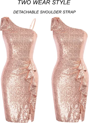 Vista 2 de Belle Poque Vestido ajustado de lentejuelas para mujer, vintage, de un hombro, brillante, con flecos, para cóctel, fiesta, club