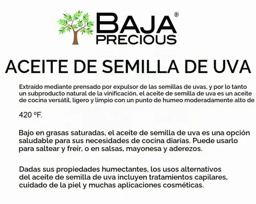 Vista 2 de Baja Precious, aceite de semilla de uva, 1 galón