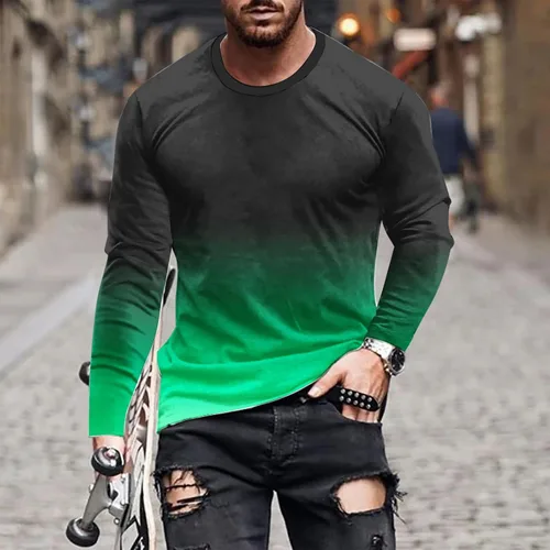 Vista 2 de Camisetas grandes y altas para hombre, camiseta gráfica casual de moda, manga larga, color degradado, sudadera para salir