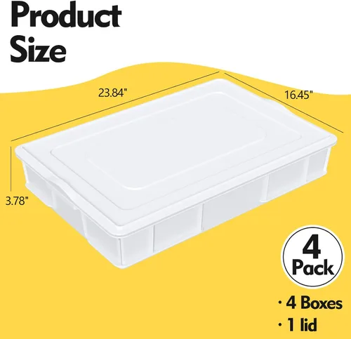 Vista 2 de Paquete de 4 bandejas de plástico a prueba de masa con tapa, contenedor apilable para masa de pizza, color blanco