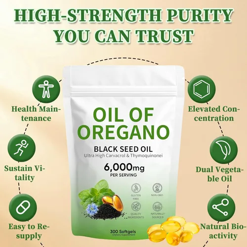 Vista 4 de Aceite de cápsulas blandas de orégano, con aceite de semilla negra y timoquinona, 300 unidades, 6000 mg, sin OMG, 2 en 1 formulado con Carvacro de 4