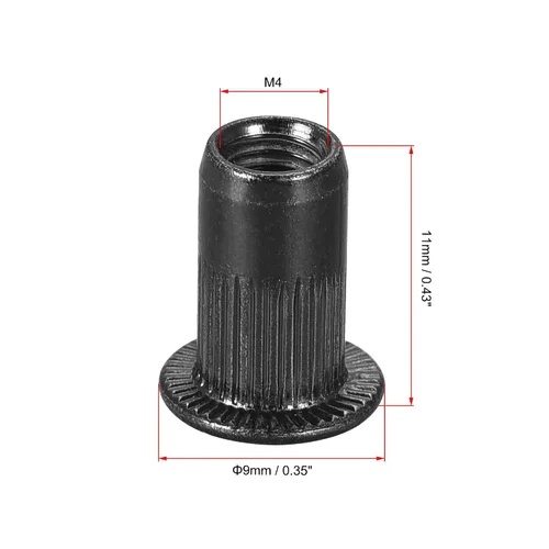 Vista 2 de uxcell Tuercas de remache M4 de acero al carbono chapadas en zinc moleteado cabeza plana roscada tuerca de inserción negra 100 piezas