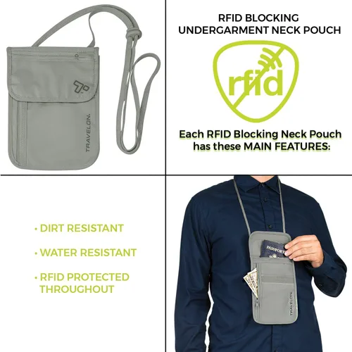 Vista 6 de Travelon Cartera de viaje con bolsa de cuello para ropa interior, Gris, Bolsa de cuello de ropa interior con bloqueo RFID