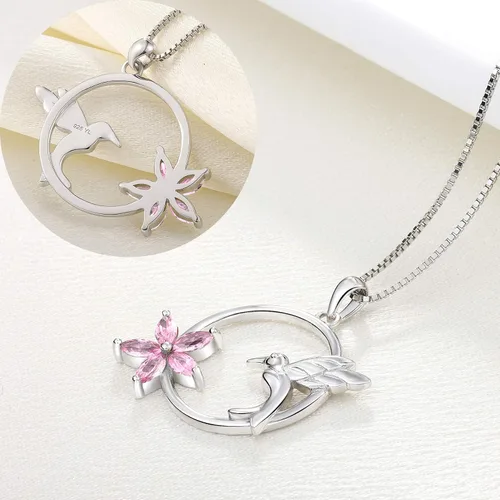 Vista 5 de YL Collar de colibrí de plata de ley con colgante de flores y piedras preciosas para mujer