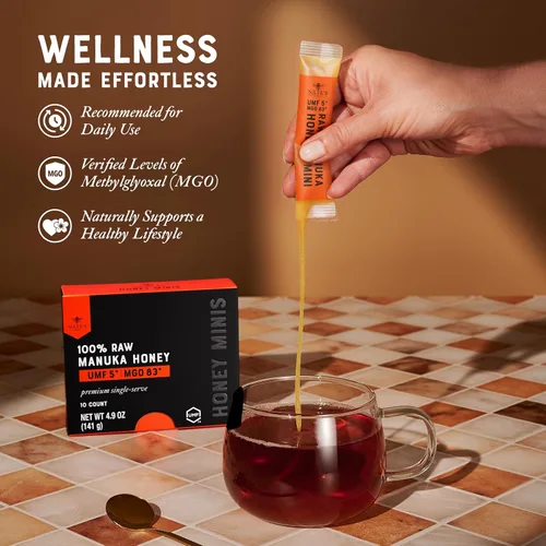 Vista 4 de Nate's Manuka Honey Minis - 10 unidades de una sola porción, miel de manuka pura - MGO 83+ Certificado UMF 5+ - 10 paquetes de una sola porción