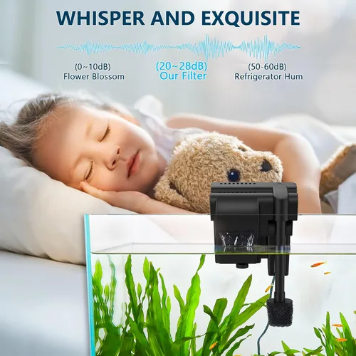 Vista 4 de fishkeeper Filtro de acuario ultra silencioso de 5 W 120 GPH para colgar en la parte posterior, filtro bioquímico de 4 etapas para tanque de peces