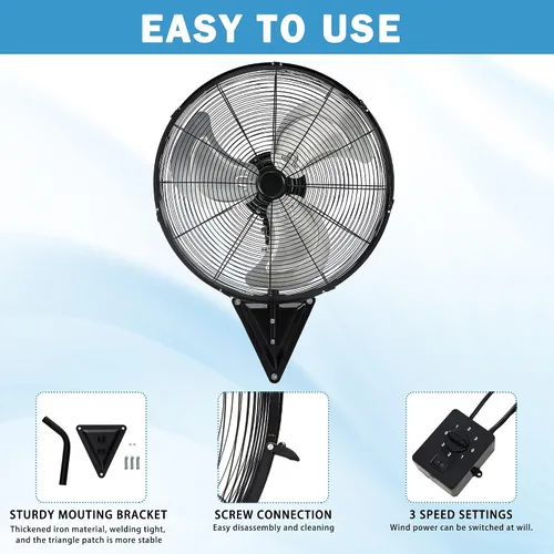 Vista 3 de Ventilador de pared de 20 pulgadas, ventilador de pared resistente de 7100 CFM con 3 velocidades e inclinación ajustable, ventiladores oscilantes