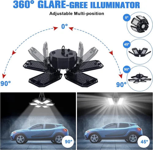 Vista 2 de Aoretic Paquete de 2 bombillas LED de garaje, enchufables conectables, 180 W, 18000 LM 6500 K, luz LED de taller 6+1 paneles deformables, luz