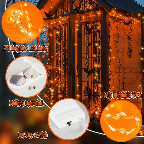 Vista 2 de Guirnalda de luces naranjas de Halloween, funciona con pilas, 7.2 pies, 20 luces LED, alambre de cobre plateado para Halloween, Navidad, decoración