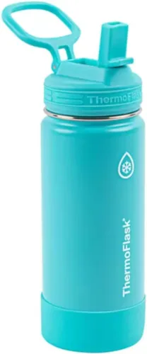 Vista 5 de ThermoFlask Botella de agua de acero inoxidable de 16 onzas, paquete de 2, rojo y aguamarina