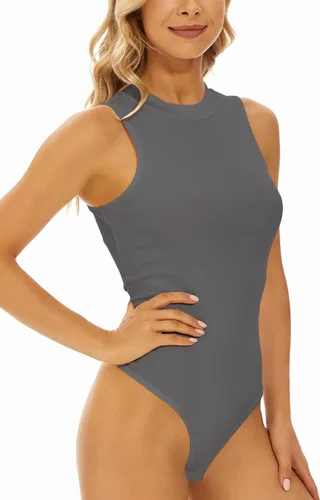 Vista 6 de YIJIU Camiseta sin mangas con cuello alto falso para mujer, sexy, ajustado, leotardo