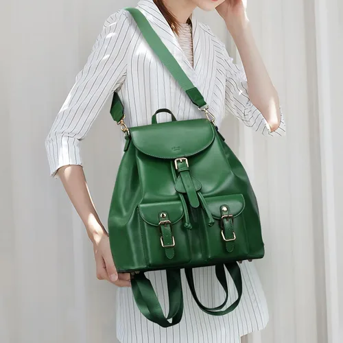 Vista 2 de Chillo - Mochila grande de cuero vegano para mujer, diseño multiusos, con cordón, Verde, Mochilas de mochila