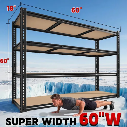 Vista 3 de ROOMFAVE Estantería de metal para garaje de 60 pulgadas de ancho, estantes de almacenamiento de 2800 libras, estantería ajustable de 4 niveles
