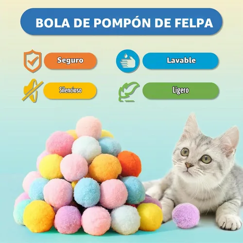 Vista 2 de 30 piezas de bolas de pompón de gato premium silenciosas, bolas de juguete de colores surtidos y suaves interactivas (3 cm), con 4 piezas de juguete