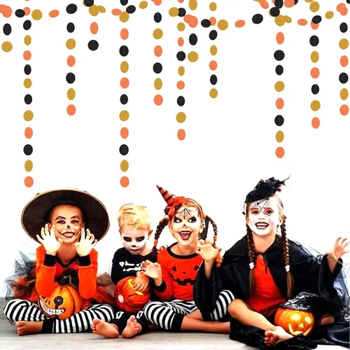 Vista 6 de Banderines de decoración de fiesta de Halloween negro-naranja dorado - Guirnalda de serpentinas - 15.85m Decoraciones de cumpleaños y baby shower
