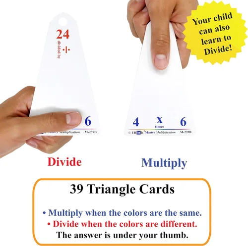 Vista 2 de Think2Master Tarjetas flash triangulares de suma y resta de multiplicación laminada premium 78 tarjetas flash borrables en seco. Incluye 2 anillos.
