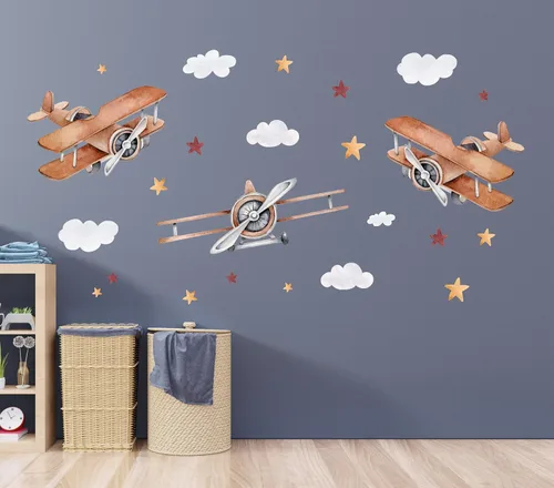 Vista 5 de Calcomanías de pared de avión grandes para niños, calcomanías de pared modernas multicolor de dibujos animados de avión de guardería, calcomanías