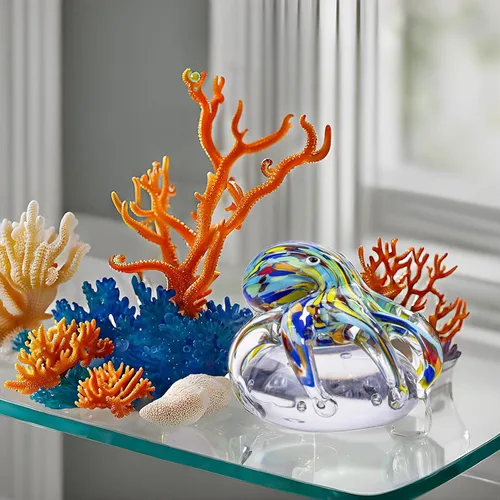 Vista 5 de Figura de pulpo de cristal soplado a mano en bola de cristal, coleccionable de criatura marina hecha a mano, pisapapeles y decoración de acuario