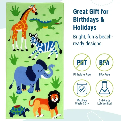 Vista 4 de Wildkin Toalla de playa para niños, 100% algodón, suave y absorbente, ideal para piscina y playa, animales salvajes Verde Oscuro