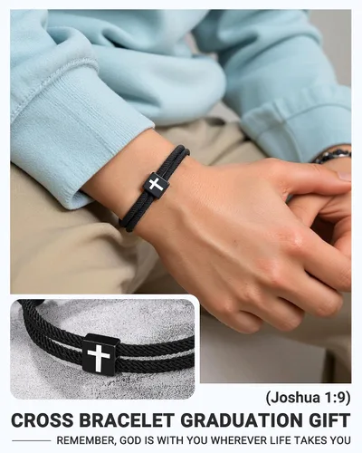 Vista 2 de UNGENT THEM Pulsera de cuerda trenzada con cruz para hombres y niños, Navidad, San Valentín, graduación, Pascua, regalos de bautismo cristiano