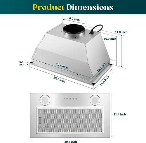 Vista 3 de Campana extractora de 20 pulgadas, campana de cocina integrada de 600 CFM, convertible con conductos/sin conductos, inserto de campana