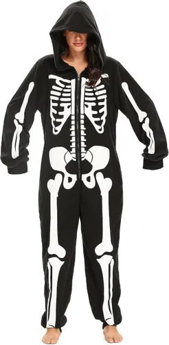 Vista 5 de Disfraz de esqueleto de Halloween para adultos, unisex, pijama de felpa de esqueleto, mameluco acogedor de una pieza, disfraz de cosplay para mujer