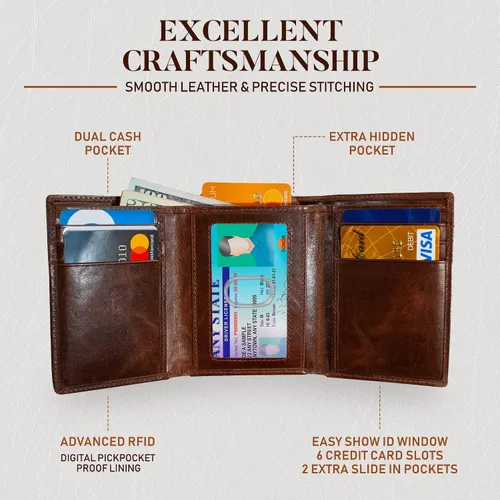 Vista 4 de Bull Guard - Cartera de cuero auténtico de doble pliegue tres secciones y protección RFID con ventana para documento identificación y bolsillo
