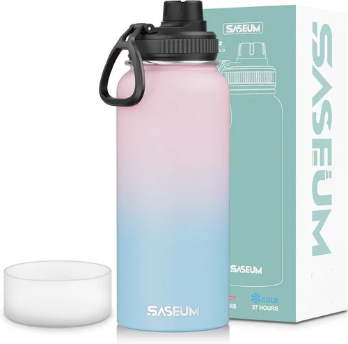 Vista 14 de SASEUM Botella de agua de acero inoxidable de 12 onzas, botella aislada sin BPA con tapa de boquilla a prueba de fugas, botella de metal de boca